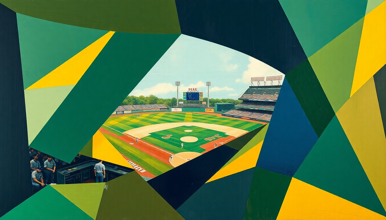 A fragmented, geometric painting depicting a college baseball game, with sharp planes of green, blue, and yellow representing the energy and movement of the sport.
