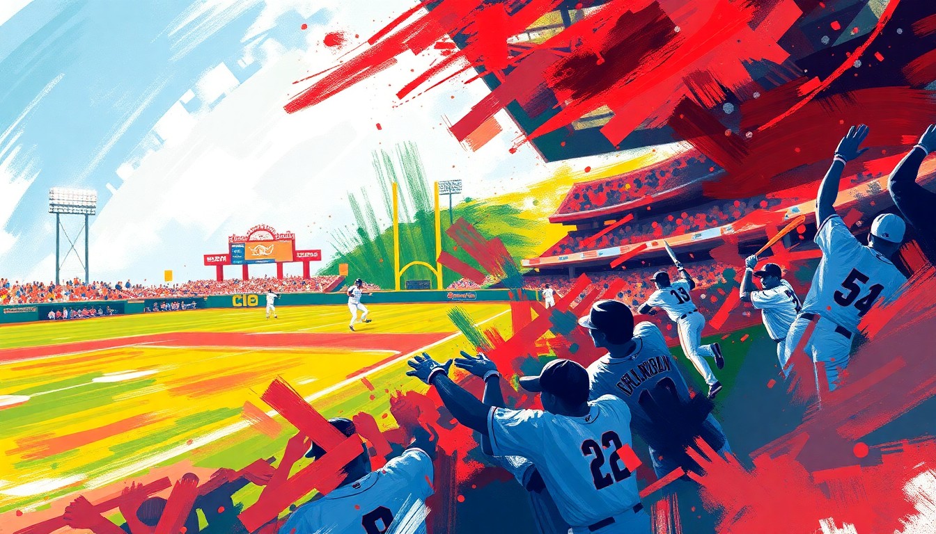 An abstract, expressionistic painting with dynamic brushstrokes and vibrant colors, capturing the energy and intensity of a baseball game and the thrill of a comeback victory.