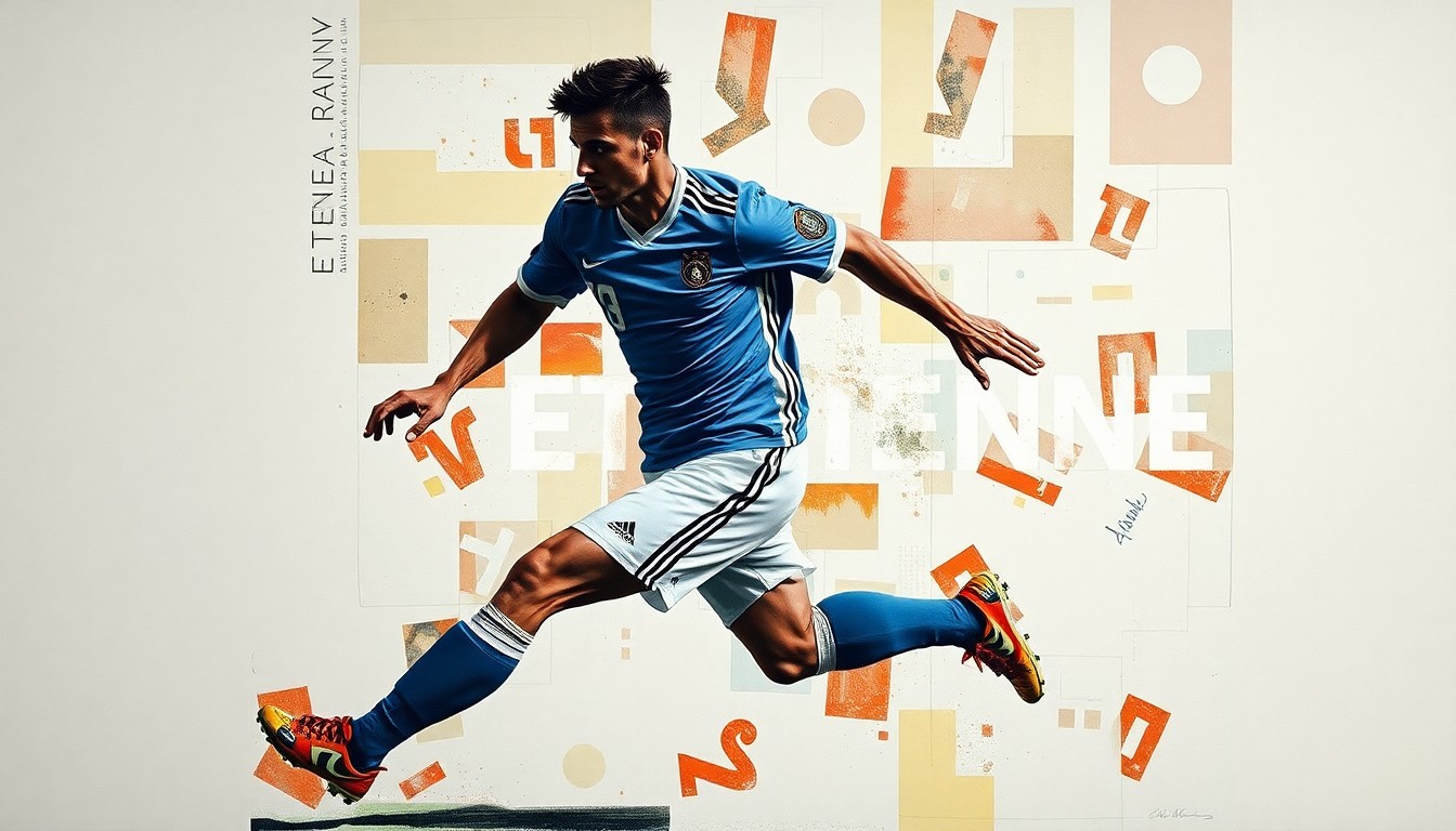 A fragmented, geometric painting depicting a football player in motion, with the name 'ETIENNE' broken down into sharp, overlapping planes of color, conveying the tension between personal identity and public branding in professional sports.
