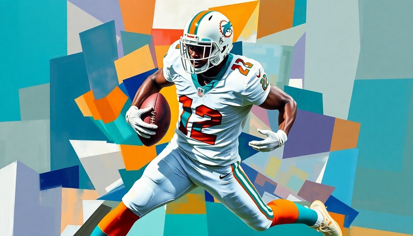 A cubist-style painting depicting a football player in mid-action, with their body broken down into sharp, overlapping geometric shapes in the Dolphins' team colors of teal, orange, and white.