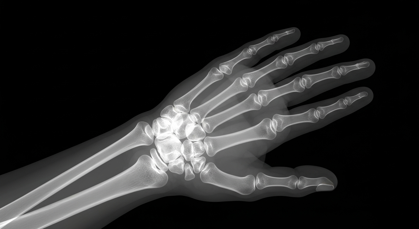 An extreme close-up X-ray photograph revealing the intricate bone and muscle structures of a human hand and wrist, conceptually illustrating the internal biological mechanisms affected by the diabetes drug metformin.
