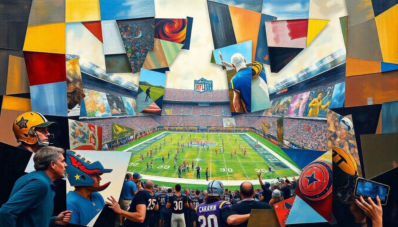 A cubist, geometric painting depicting an abstract football scene, with overlapping shapes and planes of color representing the dynamic action and high-stakes decisions of the 2026 NFL Draft.