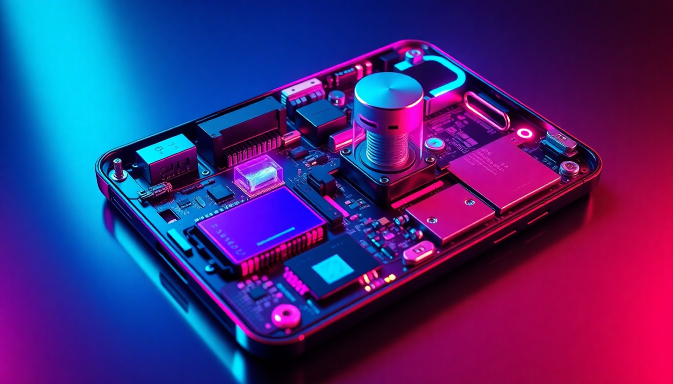 A highly detailed, glowing 3D macro illustration of the internal components and reinforced structure of a smartphone, with neon cyan and magenta lights highlighting the device's advanced engineering.