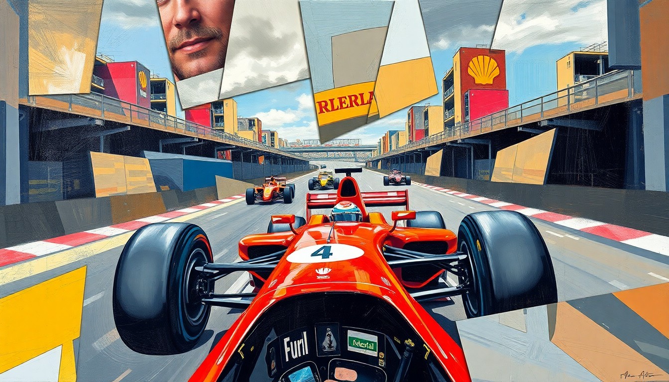 A cubist-style painting depicting a Formula 1 race scene, with the cars and track broken down into sharp, overlapping geometric shapes in a vibrant color palette.