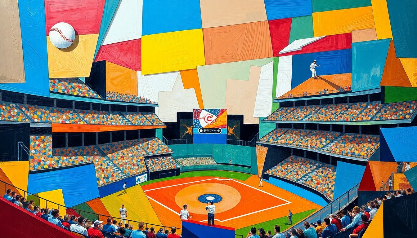 A fragmented, geometric painting in bold colors depicting various baseball players and actions, representing the intensity and unpredictability of the Phillies-Nationals matchup.