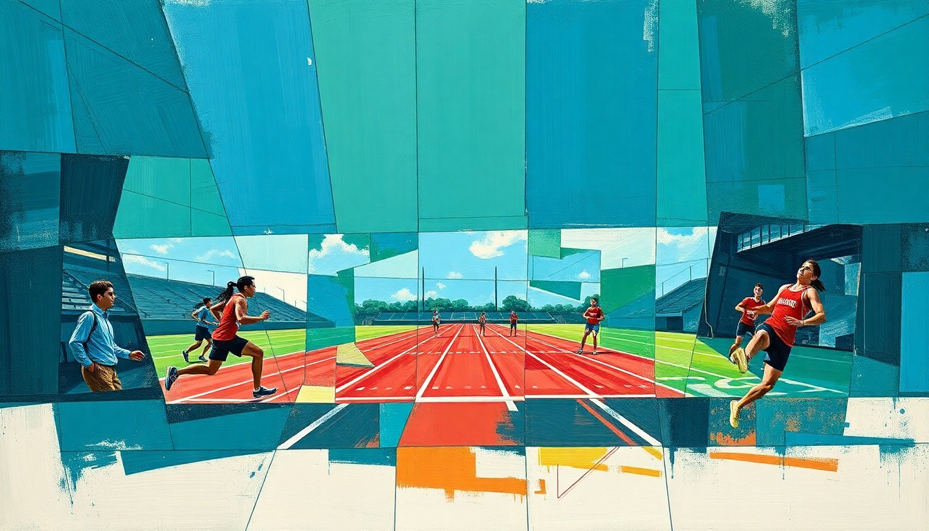 A fragmented, cubist-style painting depicting a high school track and field event, with the athletes and equipment broken down into sharp, overlapping geometric shapes in a bold color palette, conceptually representing the difficult decision a multi-sport athlete must make.