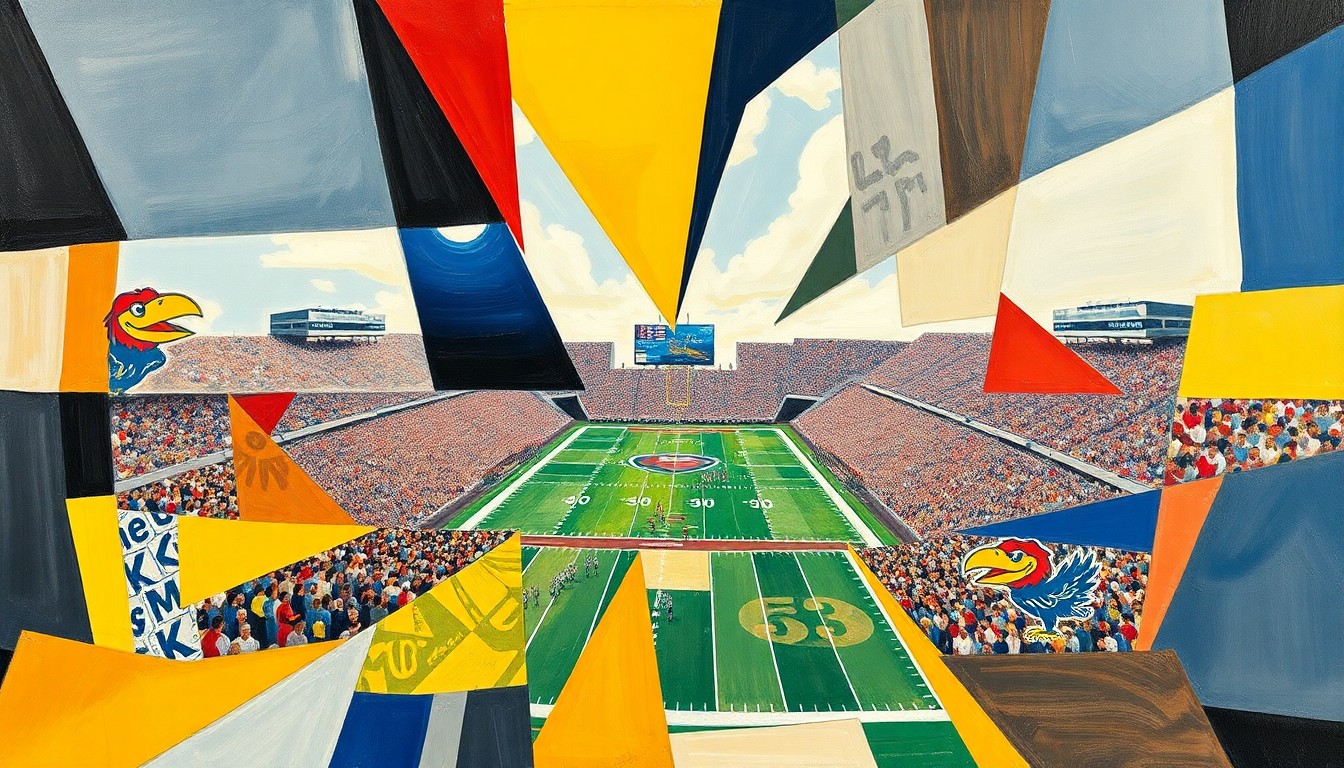 A cubist-style painting depicting a Kansas football game broken down into overlapping geometric shapes and planes, conveying the team's development and preparation for the new season.