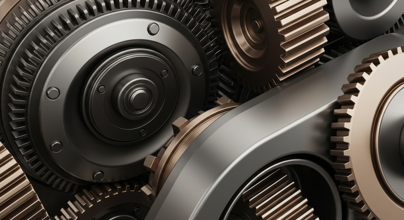 A highly detailed, cinematic close-up image of heavy industrial machinery and gears in shades of steel grey, bronze, and black, conceptually representing the complex financial infrastructure and institutional power that drives investment decisions.