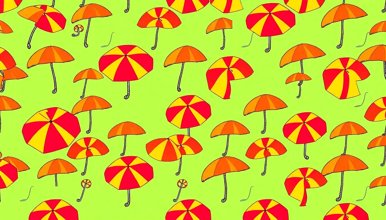 A vibrant, high-contrast silkscreen print of a beach umbrella repeated in a grid pattern, capturing the colorful, pop art spirit of the Jersey Shore.