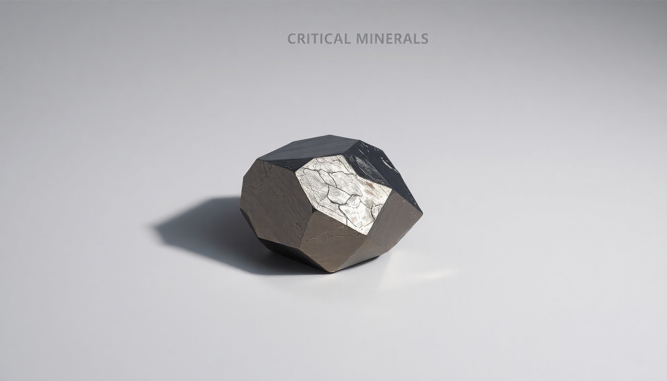 A close-up photograph of a polished, geometric metal ingot or rare earth mineral sample resting on a clean, monochromatic background, representing the abstract value and strategic importance of critical minerals.