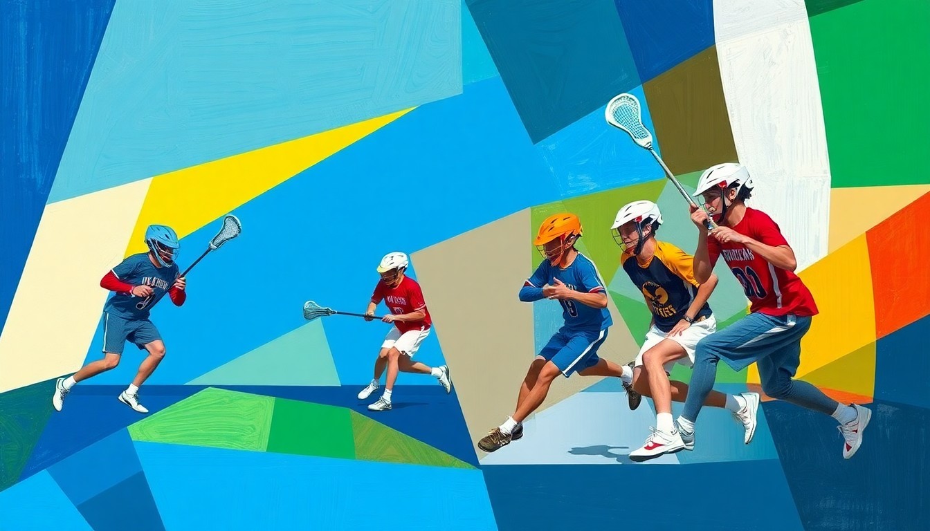 A fragmented, geometric painting depicting a boys lacrosse game, with the players and field broken down into sharp, overlapping planes of color representing the team's official uniform hues.