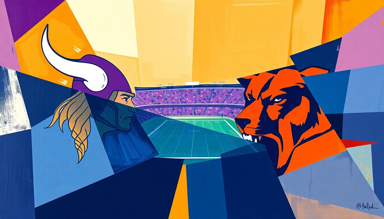 A fragmented, geometric painting depicting a football game between the Minnesota Vikings and Chicago Bears, with sharp planes of navy, orange, and purple colors colliding to represent the competitive clash between the two teams.