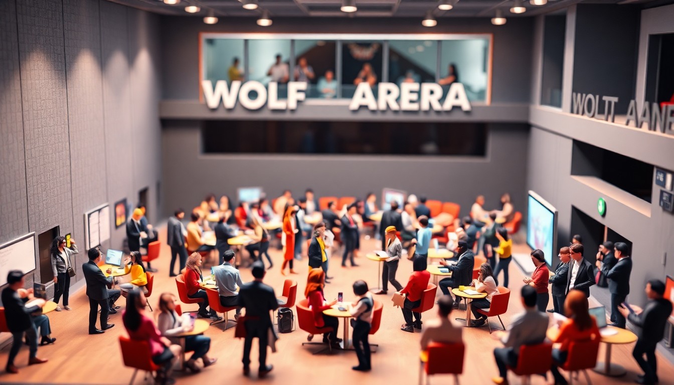 A detailed, isometric 3D digital illustration depicting the interior of a bustling event space, filled with small figures of students and employers engaged in conversation and interviews, representing the energy and opportunity of the annual Draft Day career fair.