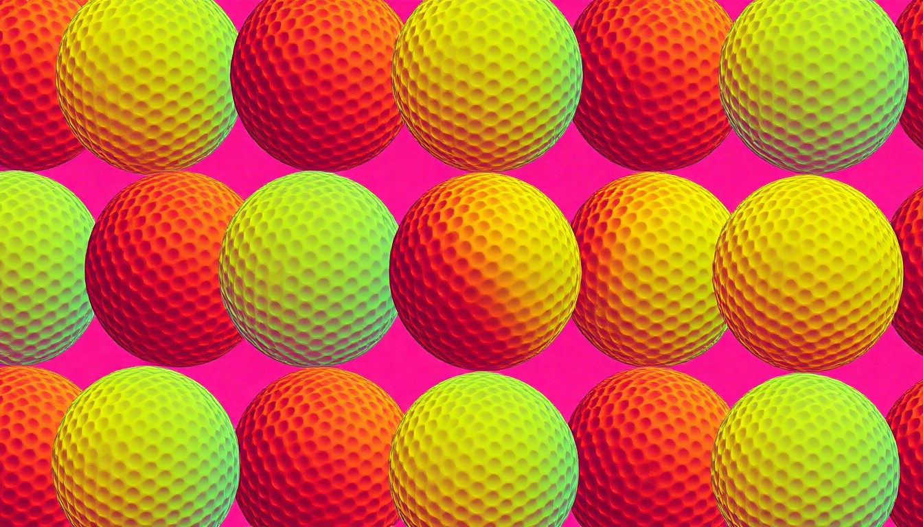 A brightly colored, high-contrast silkscreen-style illustration featuring a grid of neon golf balls in shades of electric blue, lime green, and hot pink, conceptually representing the golf course luxury of the Mira Vista estate.