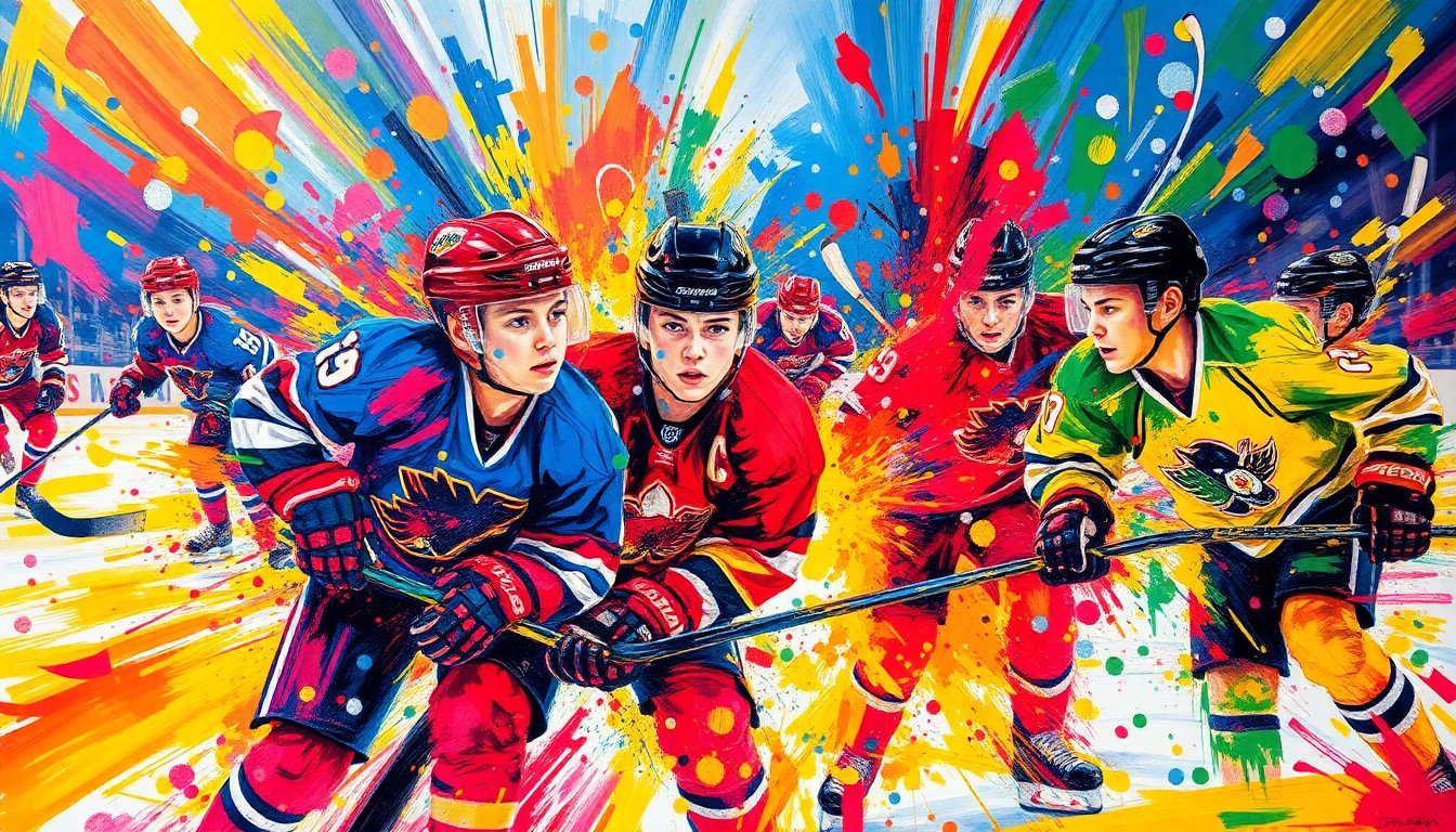 An abstract expressionist painting featuring bold, sweeping brushstrokes in neon colors that capture the dynamic movement and raw emotion of a youth hockey championship game.
