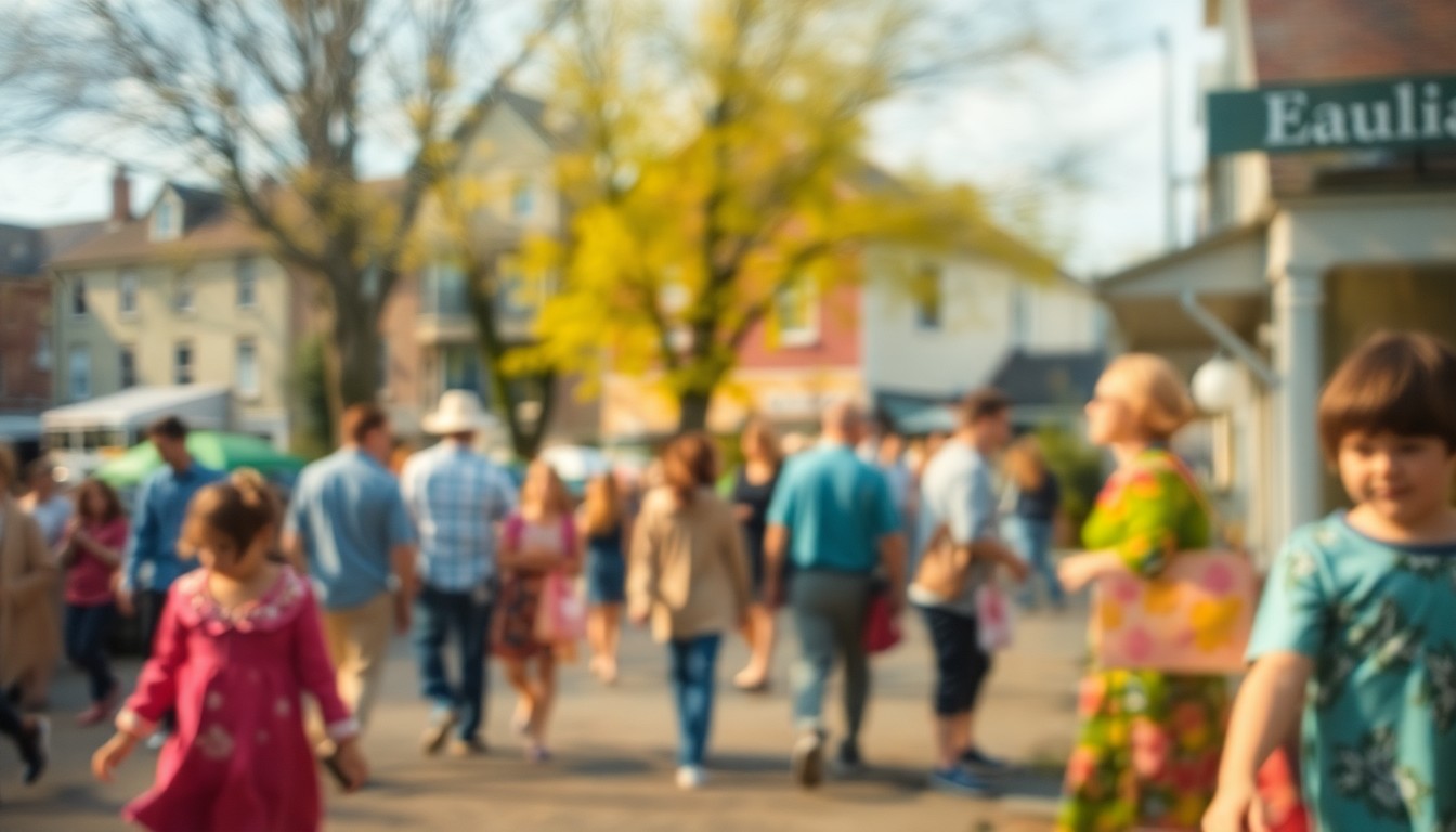 An extremely blurred, dreamlike scene of people strolling, children playing, and spring flowers blooming in a historic small town, captured in soft, warm pools of light and color to convey the joyful atmosphere of an Earth Day celebration.