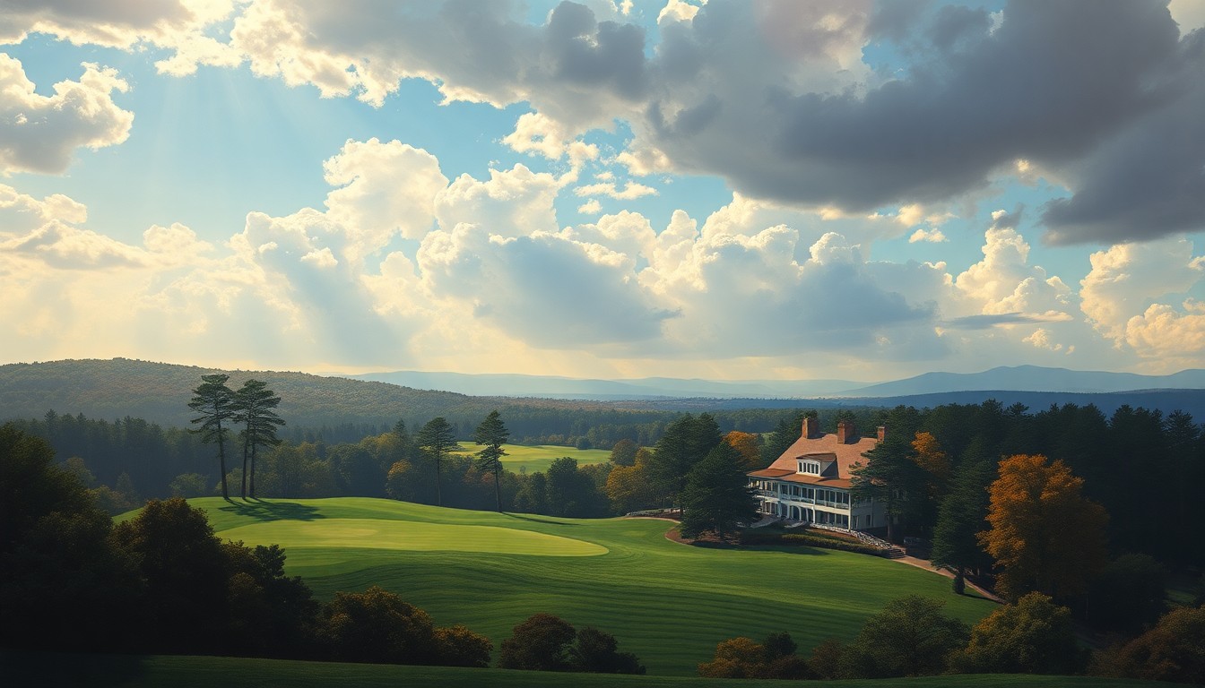 A sweeping, atmospheric landscape painting depicting the iconic Augusta National Golf Club clubhouse and course nestled within a vast, majestic natural setting, with the dramatic sky and rolling hills dominating the scene and conveying a sense of the sublime power of the natural world.