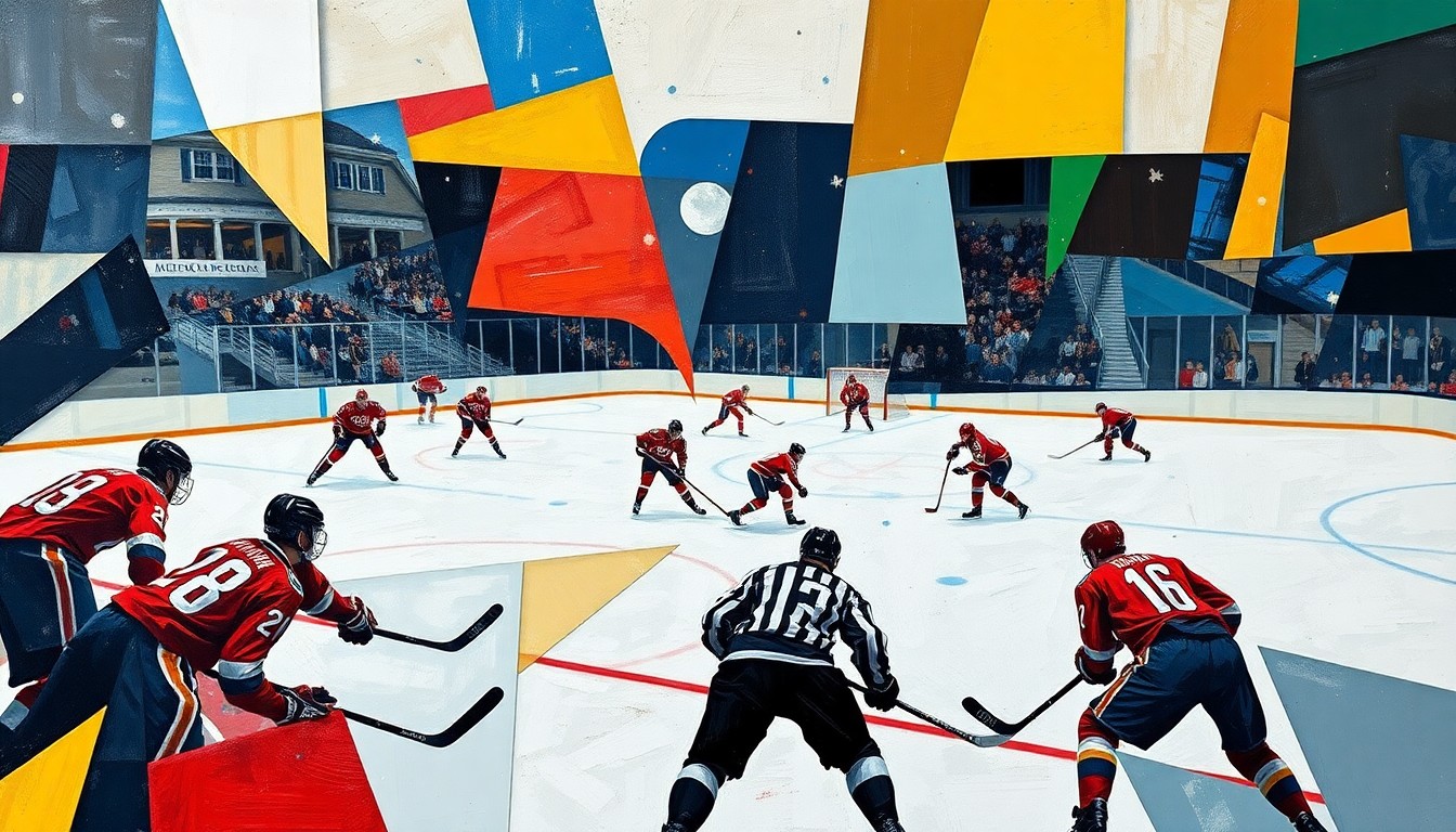 A fractured, abstract painting in the style of Pablo Picasso, depicting a hockey game or match with players and the ice deconstructed into sharp, overlapping geometric shapes and planes of color, conveying the intensity and dynamism of the sport.