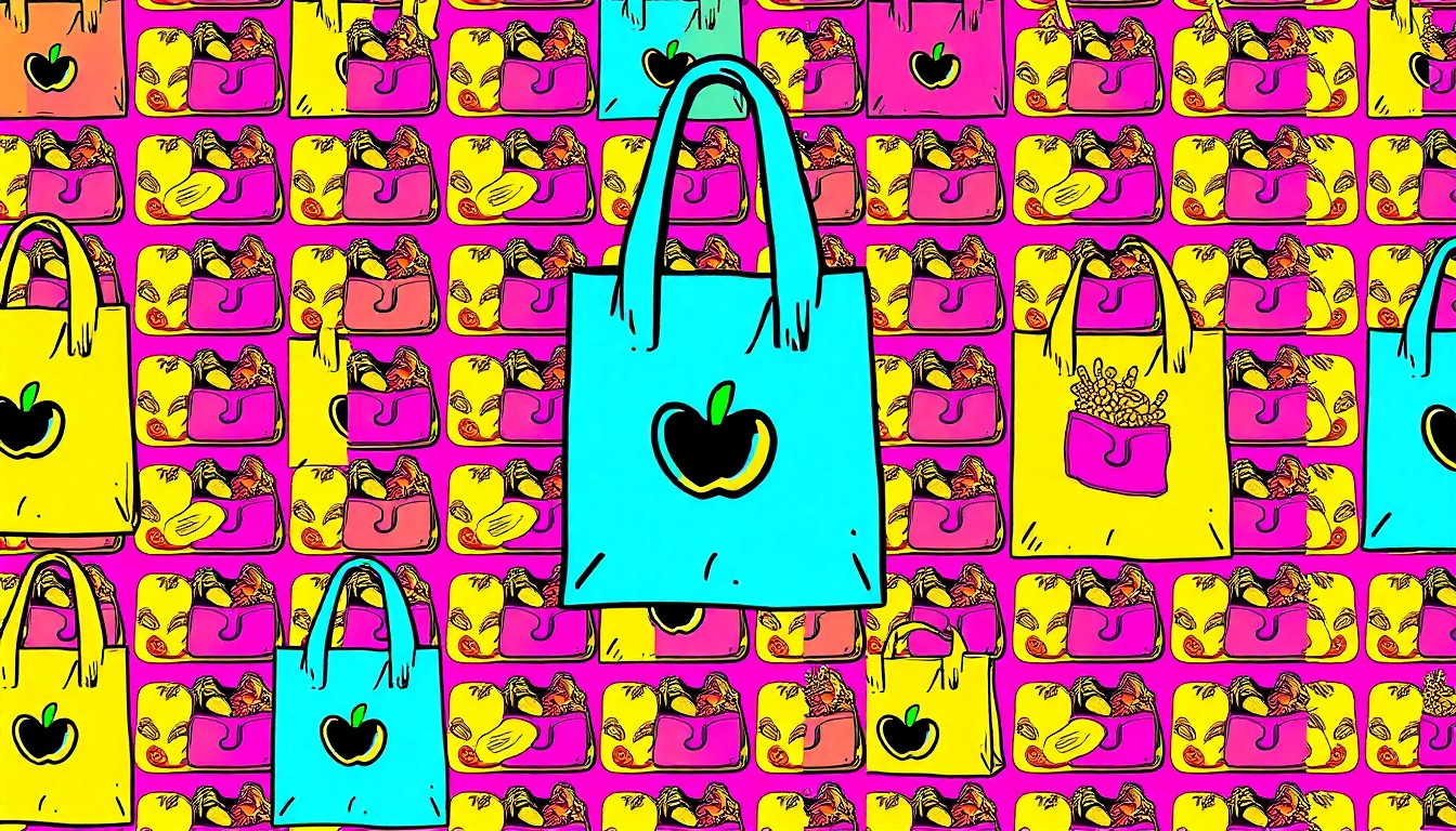 A highly stylized, repeating pattern of a reusable grocery bag or organic produce item in a grid of bright, neon colors and bold black outlines, conceptually representing the community-driven ethos of a long-standing natural foods cooperative.