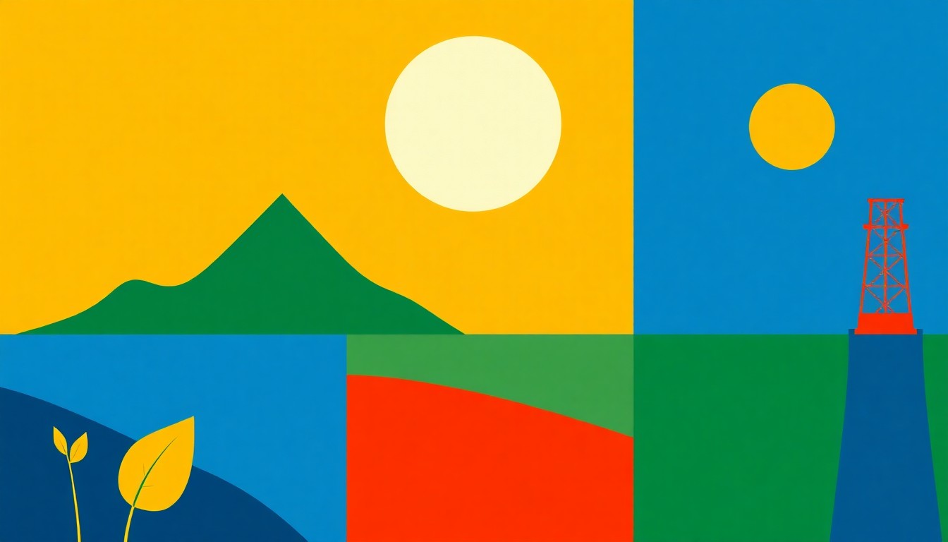 An abstract geometric illustration using bold shapes and primary colors to conceptually represent the global economy's reduced reliance on oil and increased energy efficiency in the wake of past oil crises.