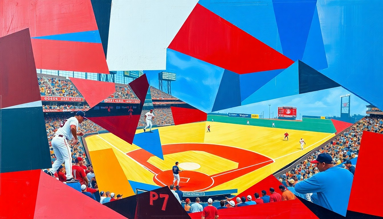 A cubist, geometric painting depicting a baseball game or match broken down into overlapping planes of red, white, and blue, conveying the dynamic, multi-faceted nature of the 2026 World Baseball Classic final.