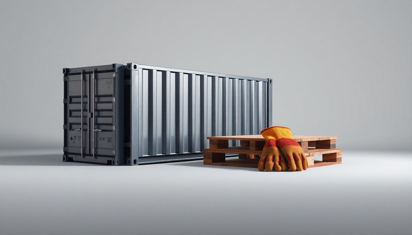 A high-end, photorealistic studio still-life photograph featuring a polished metal shipping container, a wooden pallet, and a pair of work gloves arranged elegantly on a clean, monochromatic background, conceptually representing the logistics and transportation industry.