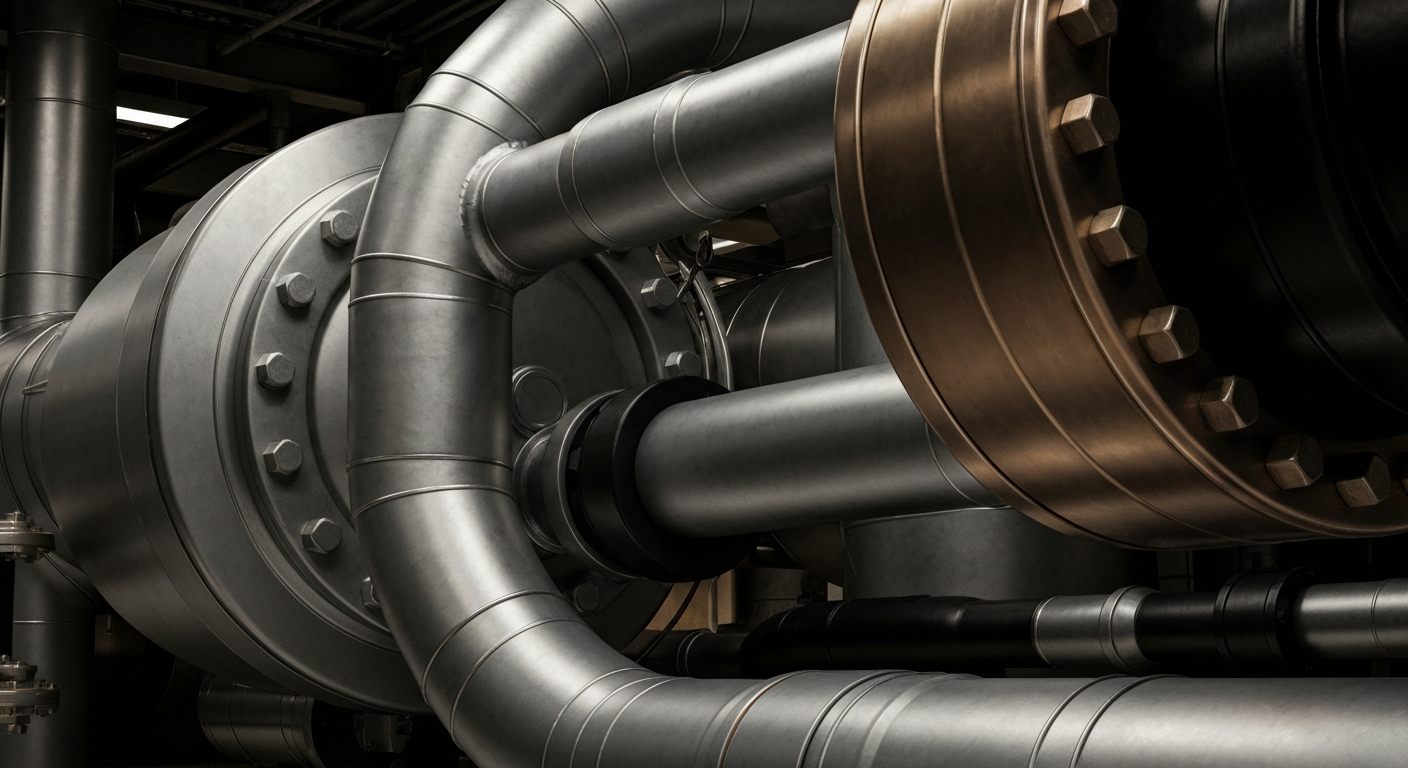 An extreme close-up of heavy, textured industrial machinery and pipes in shades of steel gray, bronze, and black, conceptually representing the tangible financial infrastructure and security of the natural gas utility industry.