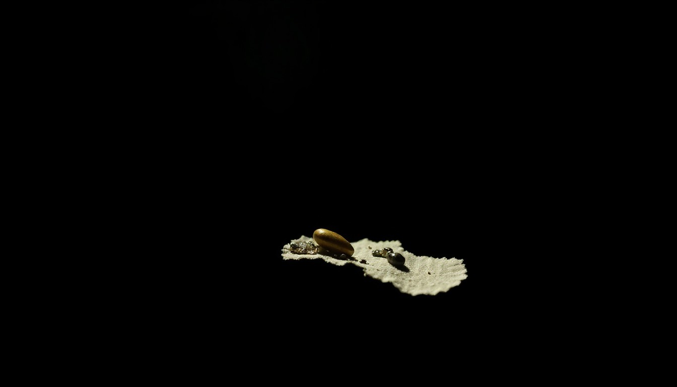 An extreme close-up of a broken piece of jewelry or torn fabric swatch, dramatically lit by a harsh flash against a dark background, conceptually representing a key piece of physical evidence in the Lisa McBride murder investigation.