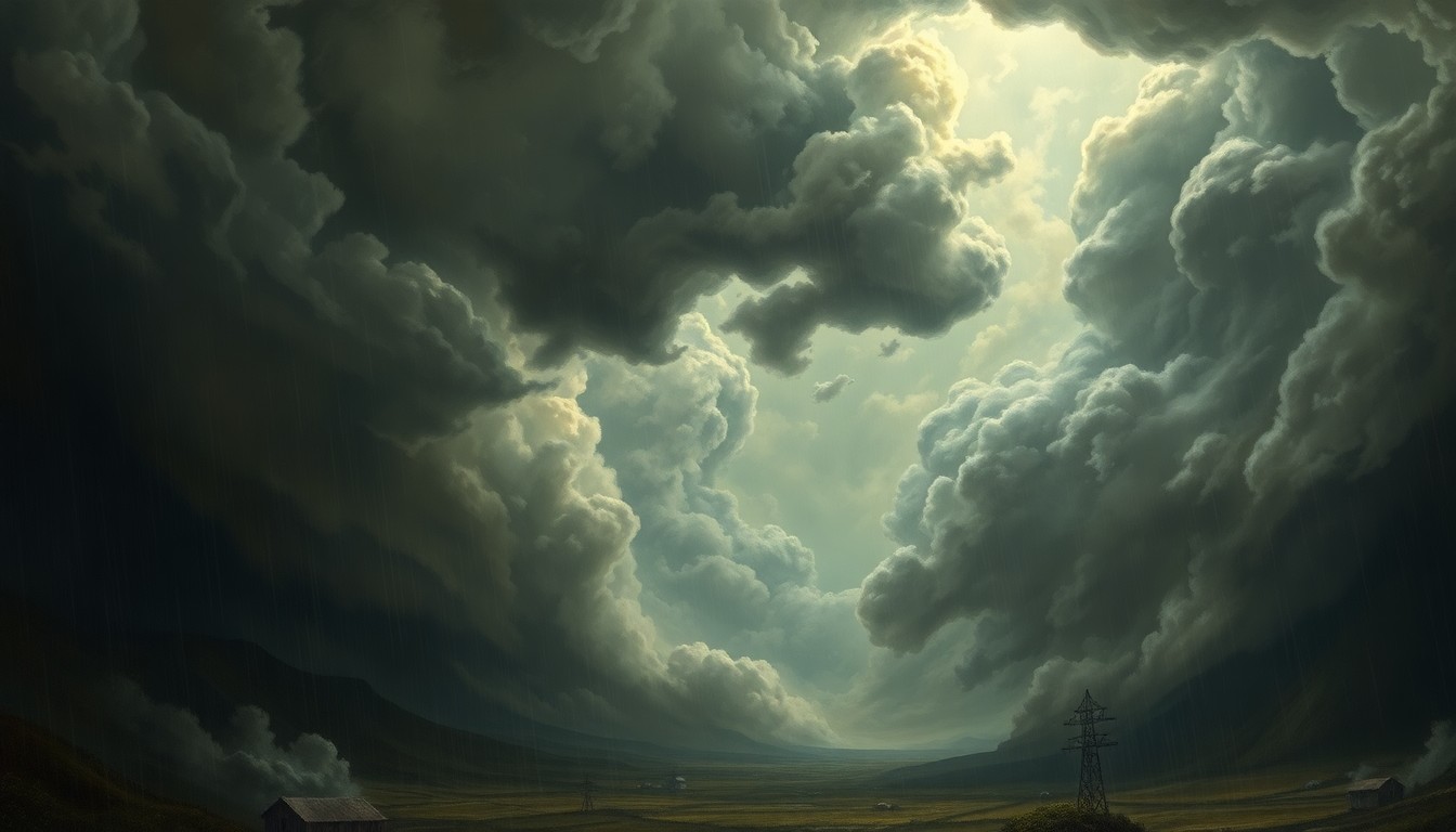 A sweeping, atmospheric landscape painting in muted tones of grey, blue, and green, depicting a massive tropical cyclone system dominating the scene and dwarfing any visible structures or infrastructure.