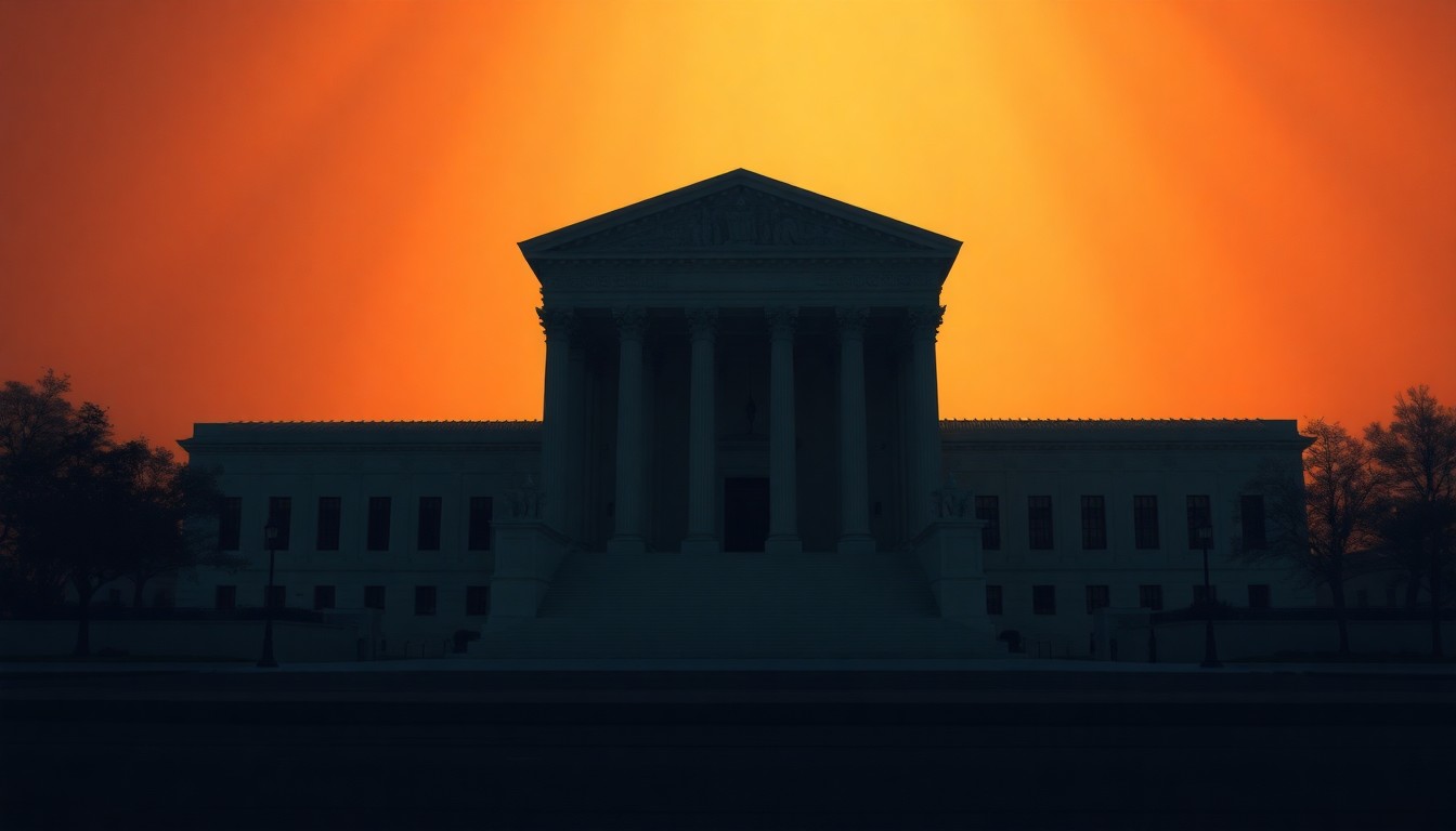 A serene, cinematic painting of the Supreme Court building, its facade cast in warm, golden light and deep shadows, evoking a sense of unease about the institution's shifting priorities.