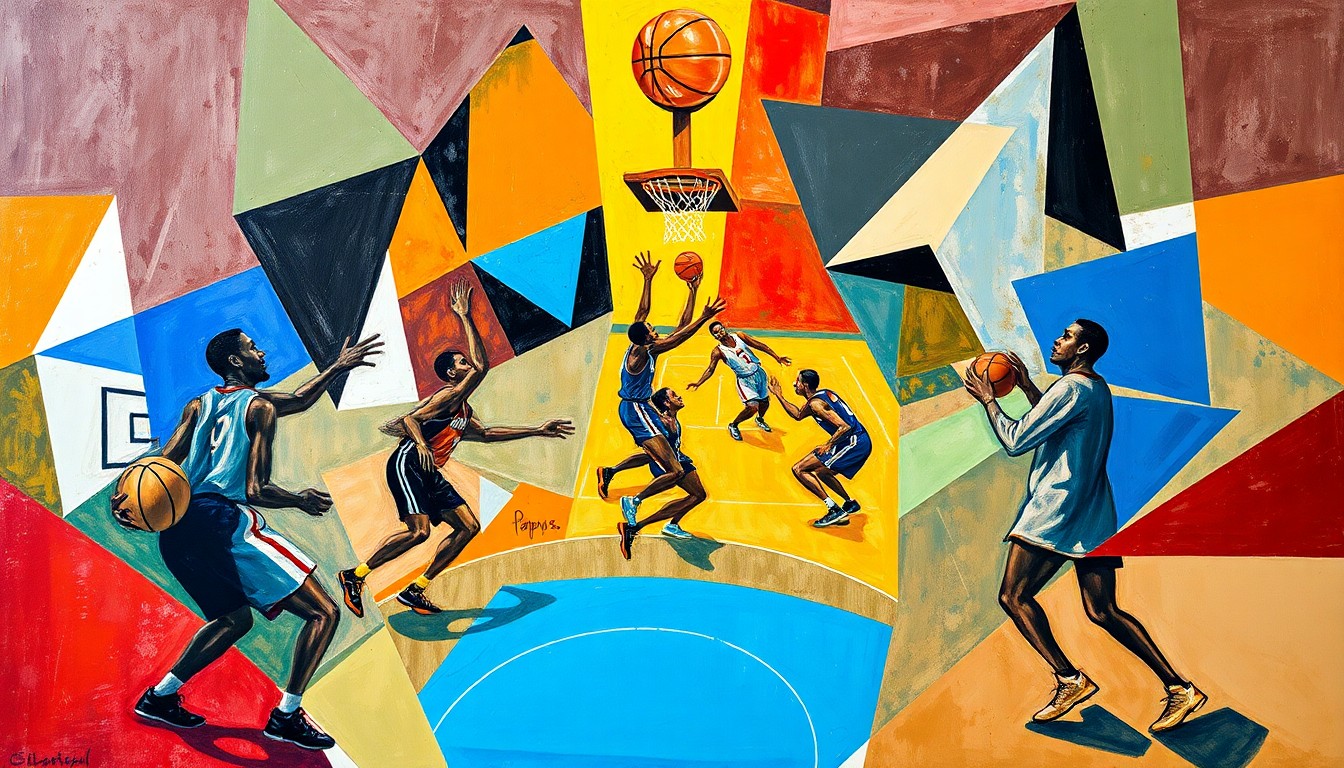 A cubist, geometric painting depicting the dynamic motion and energy of a basketball game, with the players' forms abstracted into angular, intersecting shapes.