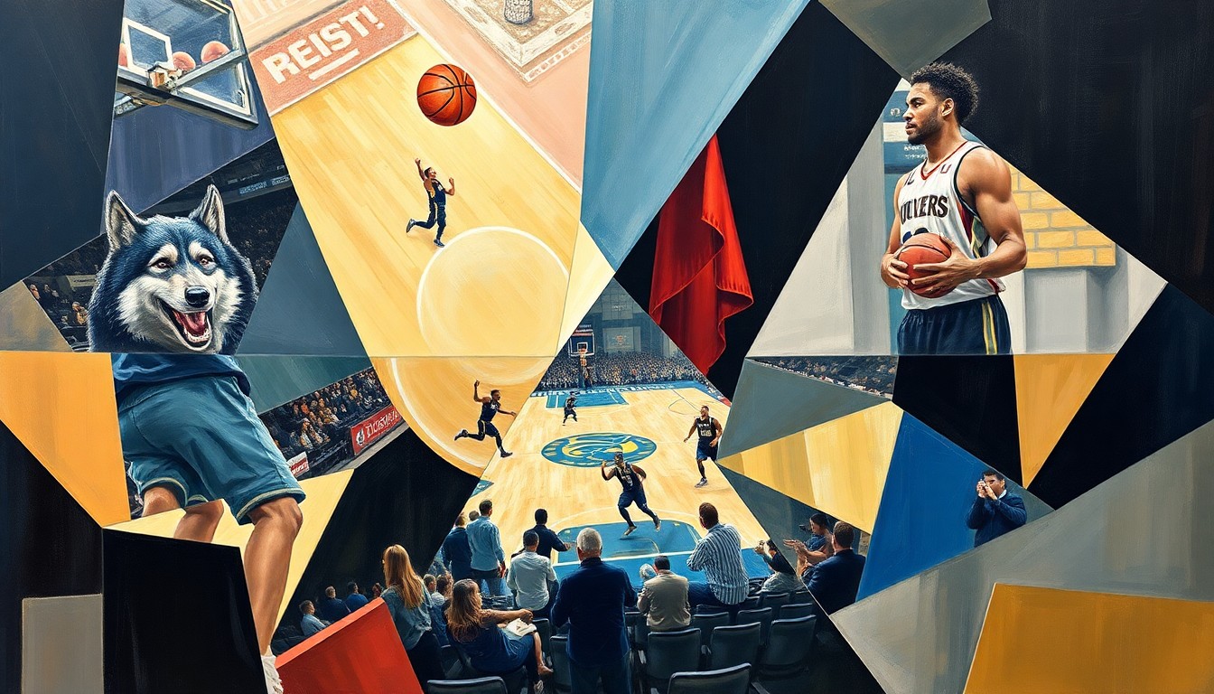 A cubist, geometric painting depicting a basketball game between the Minnesota Timberwolves and New Orleans Pelicans, with the players and court broken down into sharp, overlapping shapes and planes.