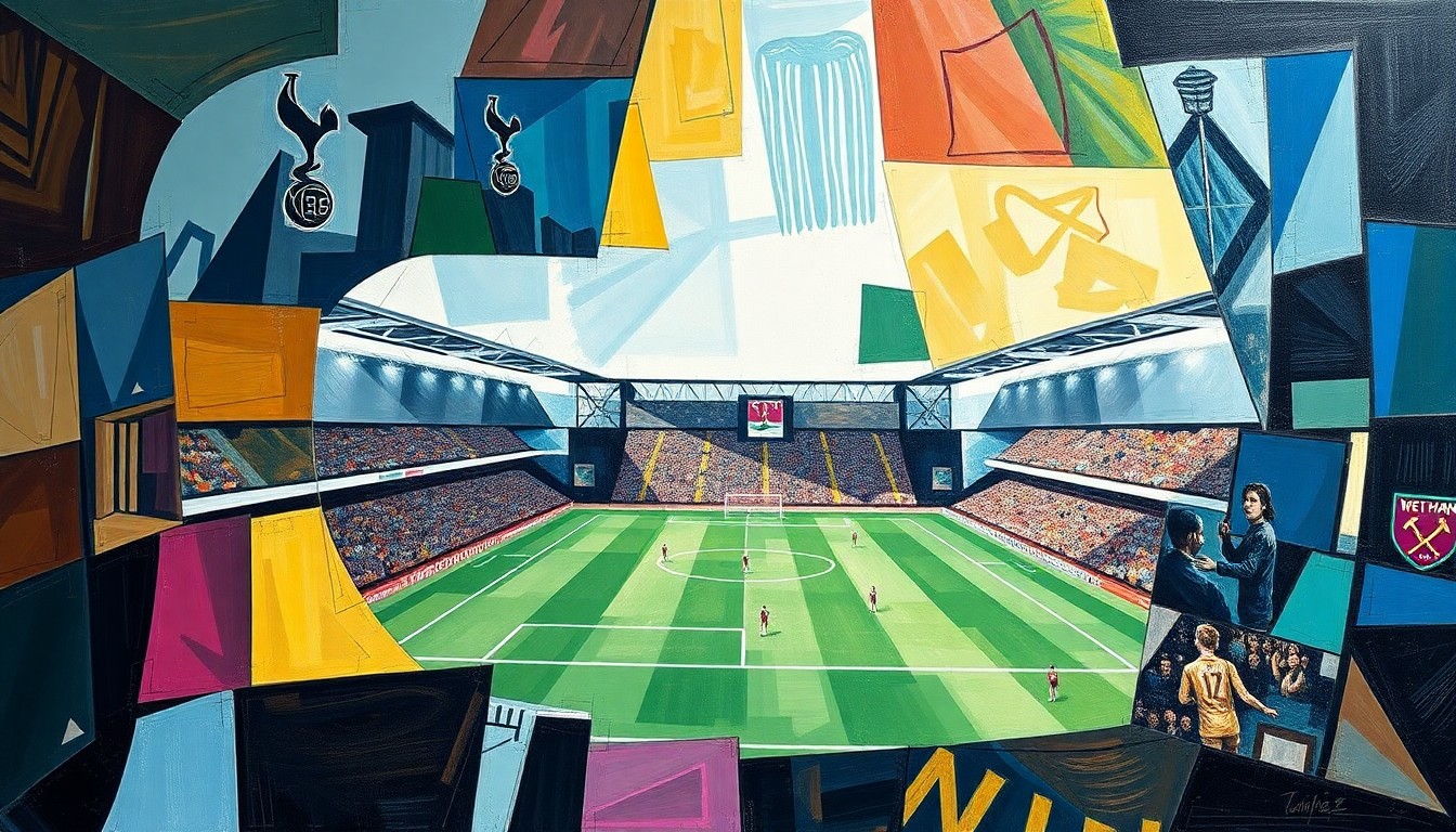 A fragmented, geometric painting depicting a Premier League match, with sharp, overlapping planes of color and form representing the intense competition and shifting dynamics of the relegation fight.