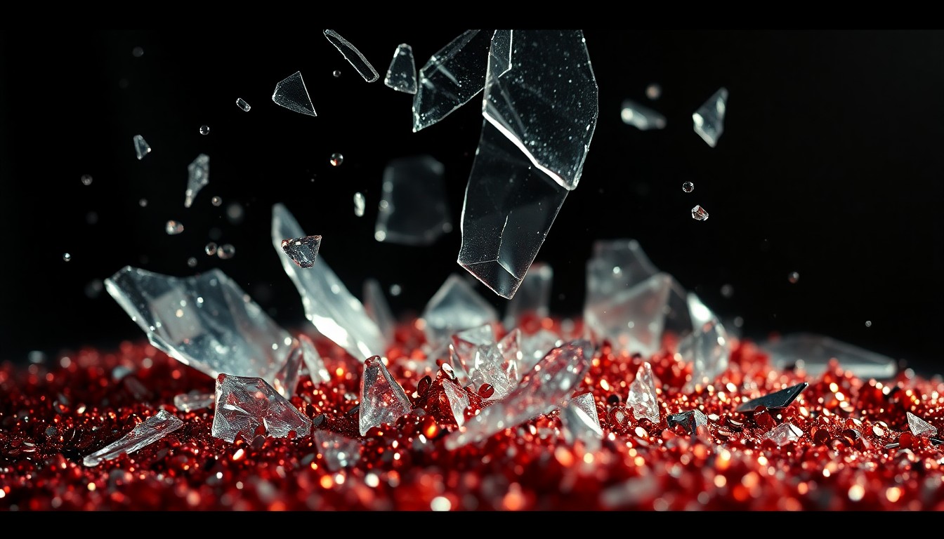 An abstract close-up image of shattered glass and glittering sequins, capturing the emotional impact of the Lambrini Girls' Coachella cancellation.