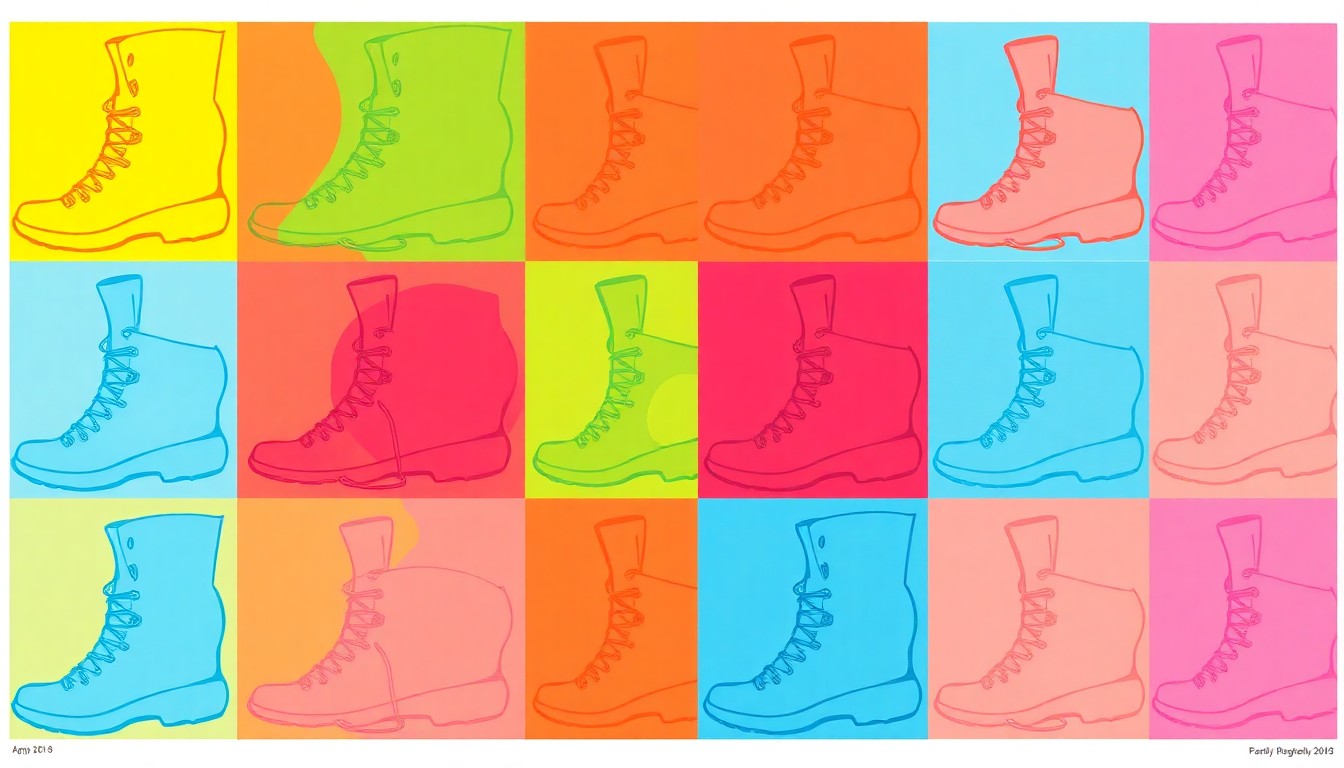 A brightly colored silkscreen print featuring a repeated image of a hiking boot or kayak in a grid pattern, capturing the playful and artistic spirit of the Pottawattamie Conservation t-shirt design contest.