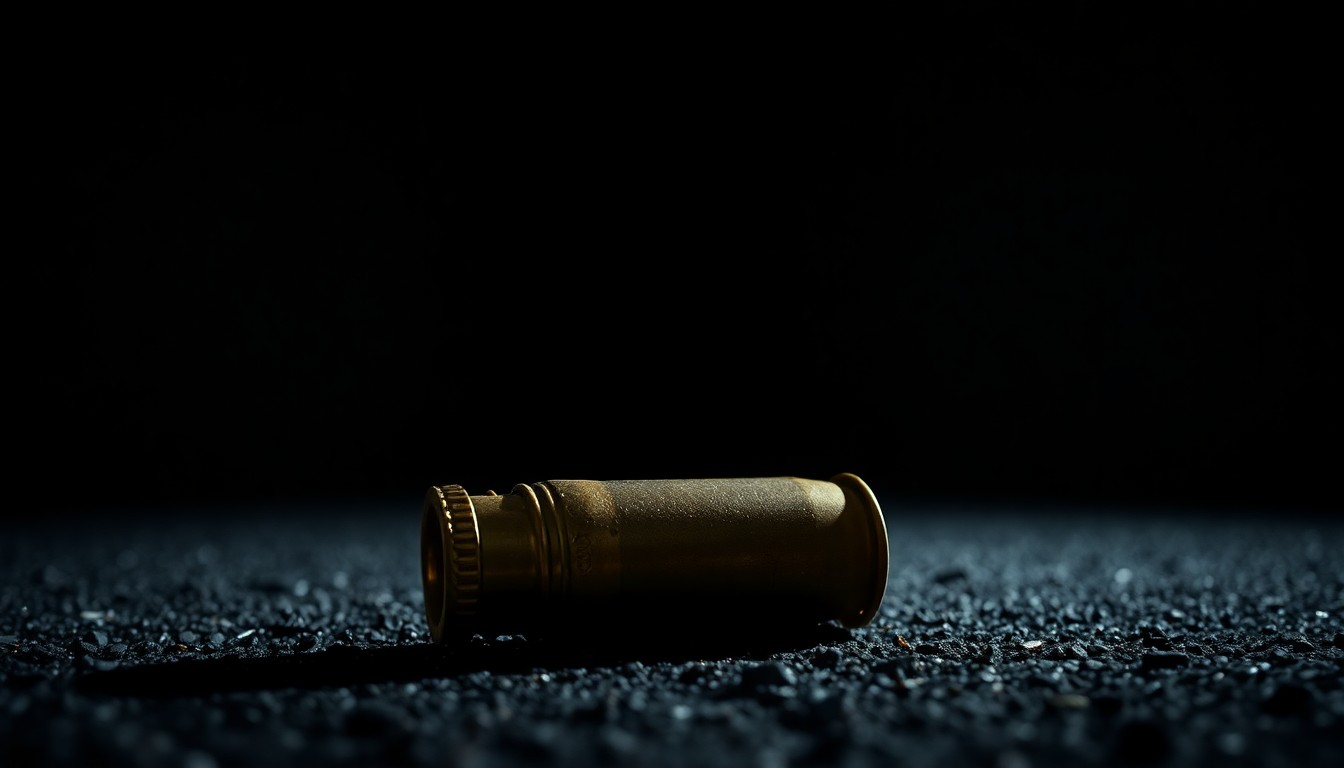 An extreme close-up photograph of a spent shell casing on asphalt, capturing the gritty details and dramatic lighting to convey the serious, investigative nature of the incident.