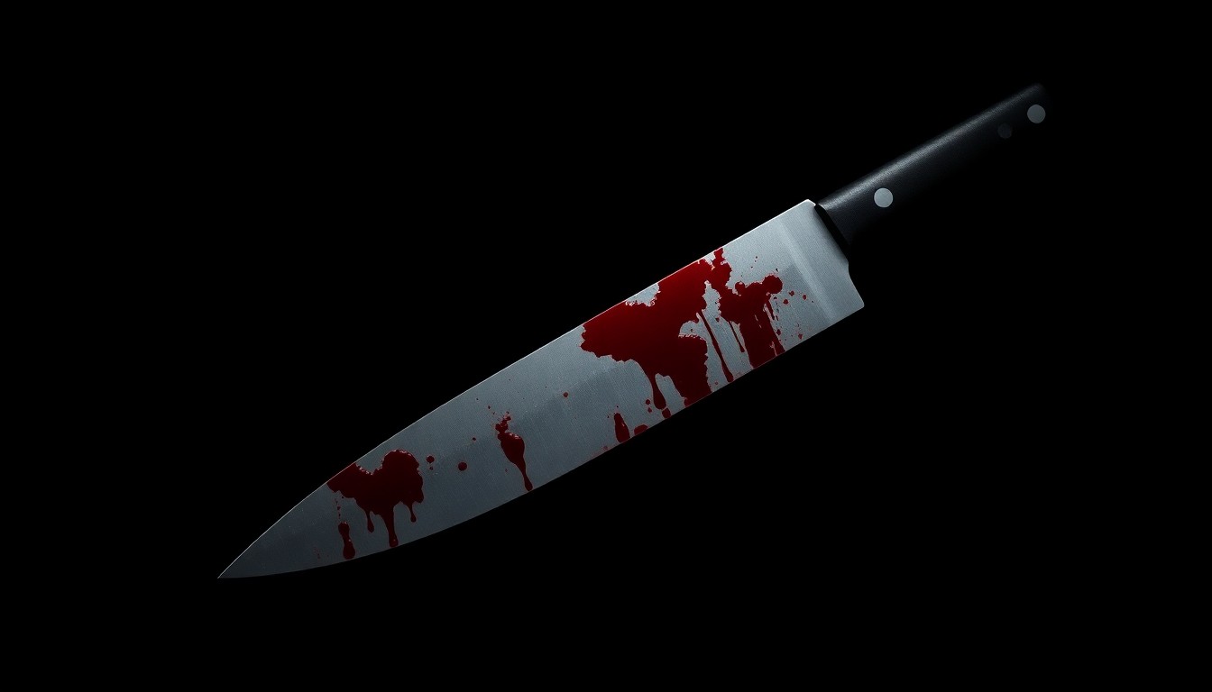 An extreme close-up of a blood-stained knife blade, the harsh lighting and stark black background creating a somber, investigative mood without depicting any actual violence or victims.