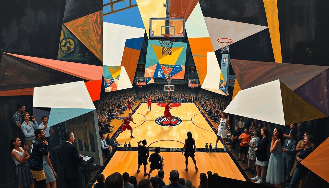 A cubist, geometric painting depicting a fragmented WNBA basketball game, with overlapping shapes and planes representing the multifaceted factors behind the relocation decision.