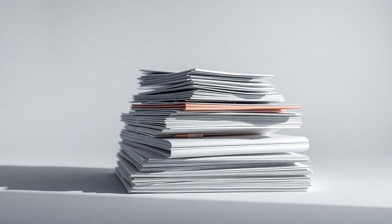 A photorealistic studio still life featuring a stack of neatly organized office supplies and documents, conceptually representing the abstract corporate strategy and operational changes at Home Depot.