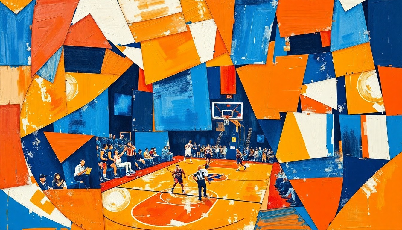 A cubist, geometric painting depicting a fragmented basketball game, with sharp, overlapping planes of orange, blue, and white, conceptually representing the passionate debate between Knicks fans and media personalities.