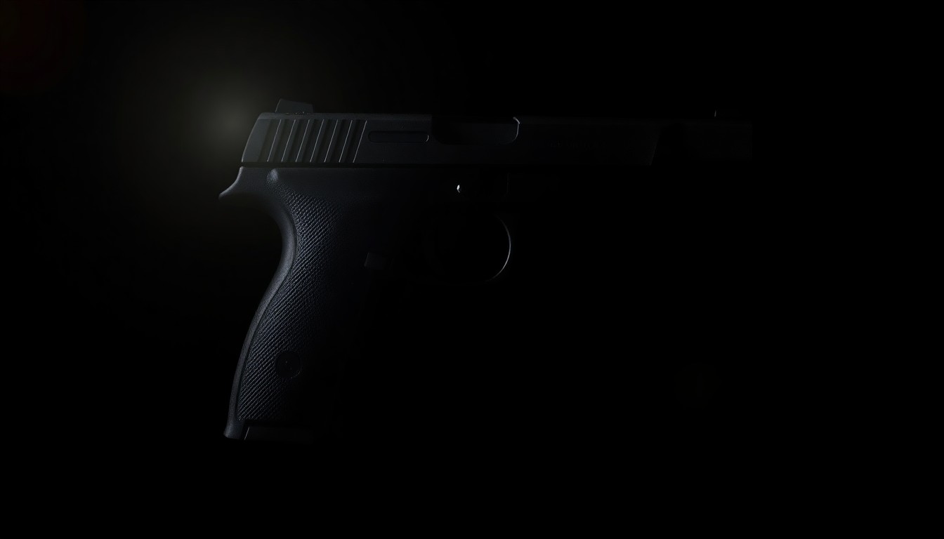 An extreme close-up photograph of a handgun, its metallic surface reflecting the harsh light of the camera flash against a pitch-black background, conveying a sense of danger and the need for vigilance in public spaces.