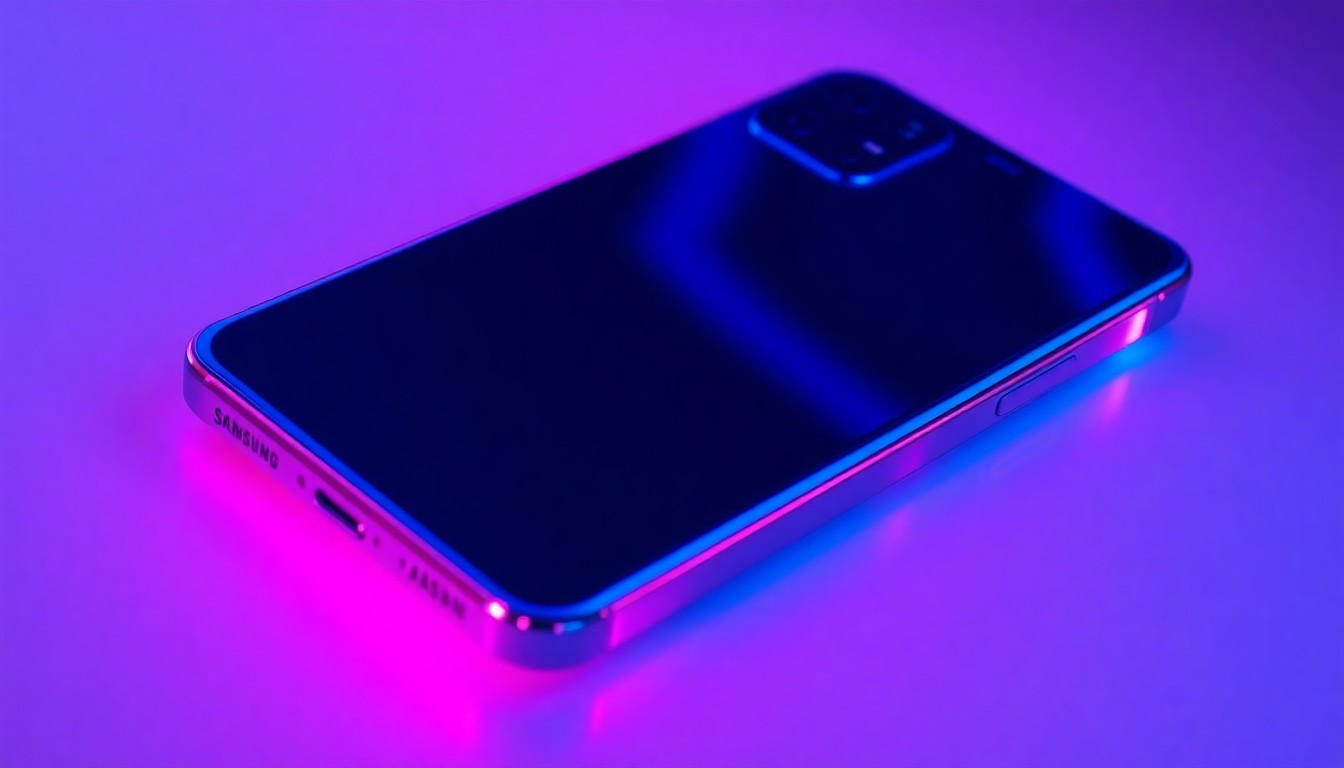 A close-up, highly detailed illustration of a Samsung Galaxy S26 smartphone glowing with neon cyan and magenta lights, representing the device's advanced technology and the strategic value proposition of the gift card promotion.
