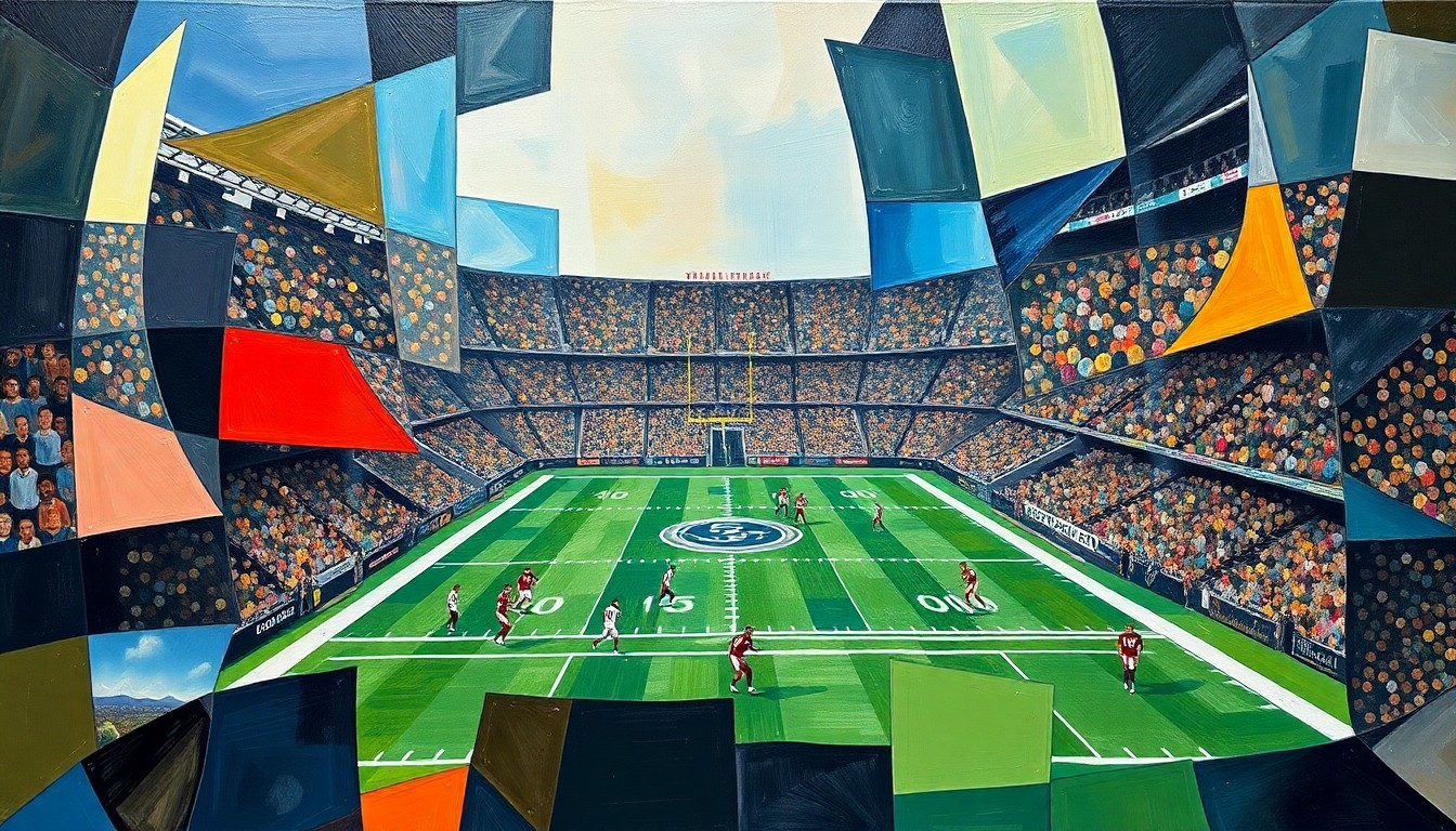 A cubist-style painting depicting a football game, with the players and field broken down into sharp, overlapping geometric shapes in a vibrant color palette, capturing the dynamic energy and intensity of the match.