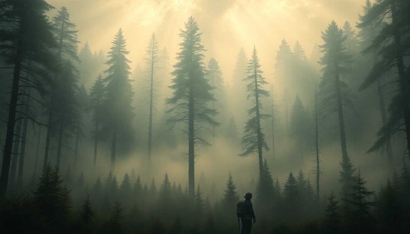 A sweeping, atmospheric landscape painting in muted greens, grays, and golds, depicting a dense forest with sunlight filtering through the trees. The small, indistinct forms of firefighters and their equipment are dwarfed by the towering trees and enveloping fog, conveying a sense of the overwhelming, sublime scale of the natural world.