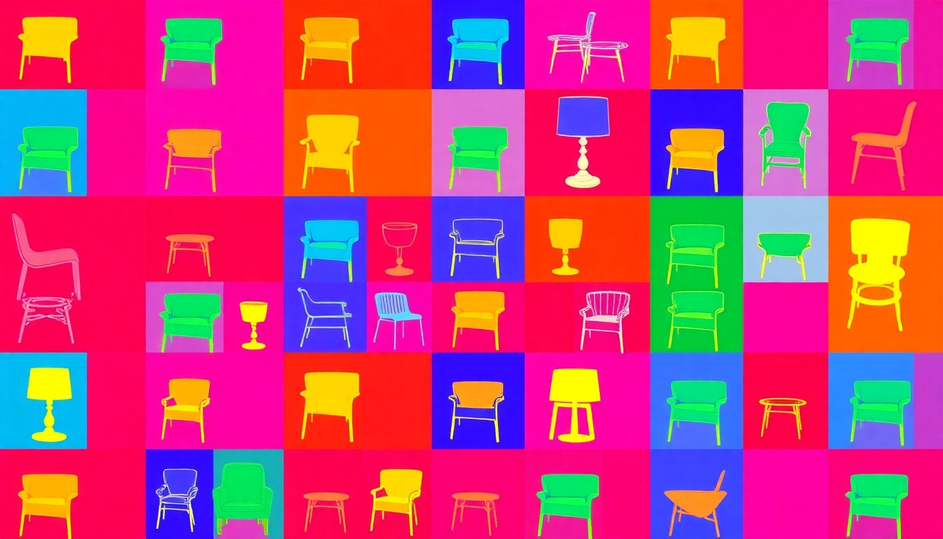 A bold, colorful silkscreen print featuring a repeated pattern of a sleek, modern chair design in shades of electric blue, hot pink, and neon yellow, conceptually representing the diverse and innovative design objects showcased at the Matter and Shape event.