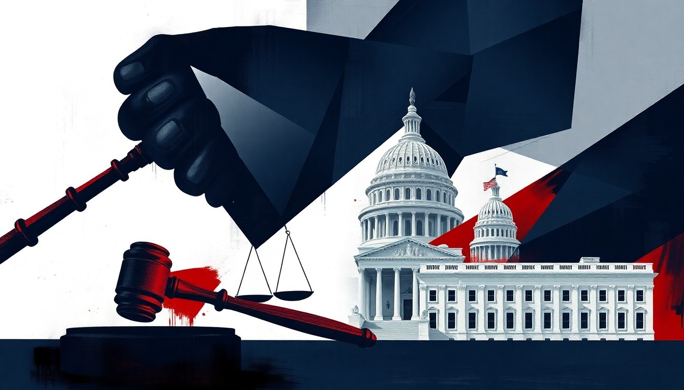 A fractured, abstract painting depicting the symbols of the justice system - a gavel, scales of justice, and a government building - in overlapping waves of dark blue, grey, and red, conveying the chaotic and politically-charged nature of the changes at the Justice Department.