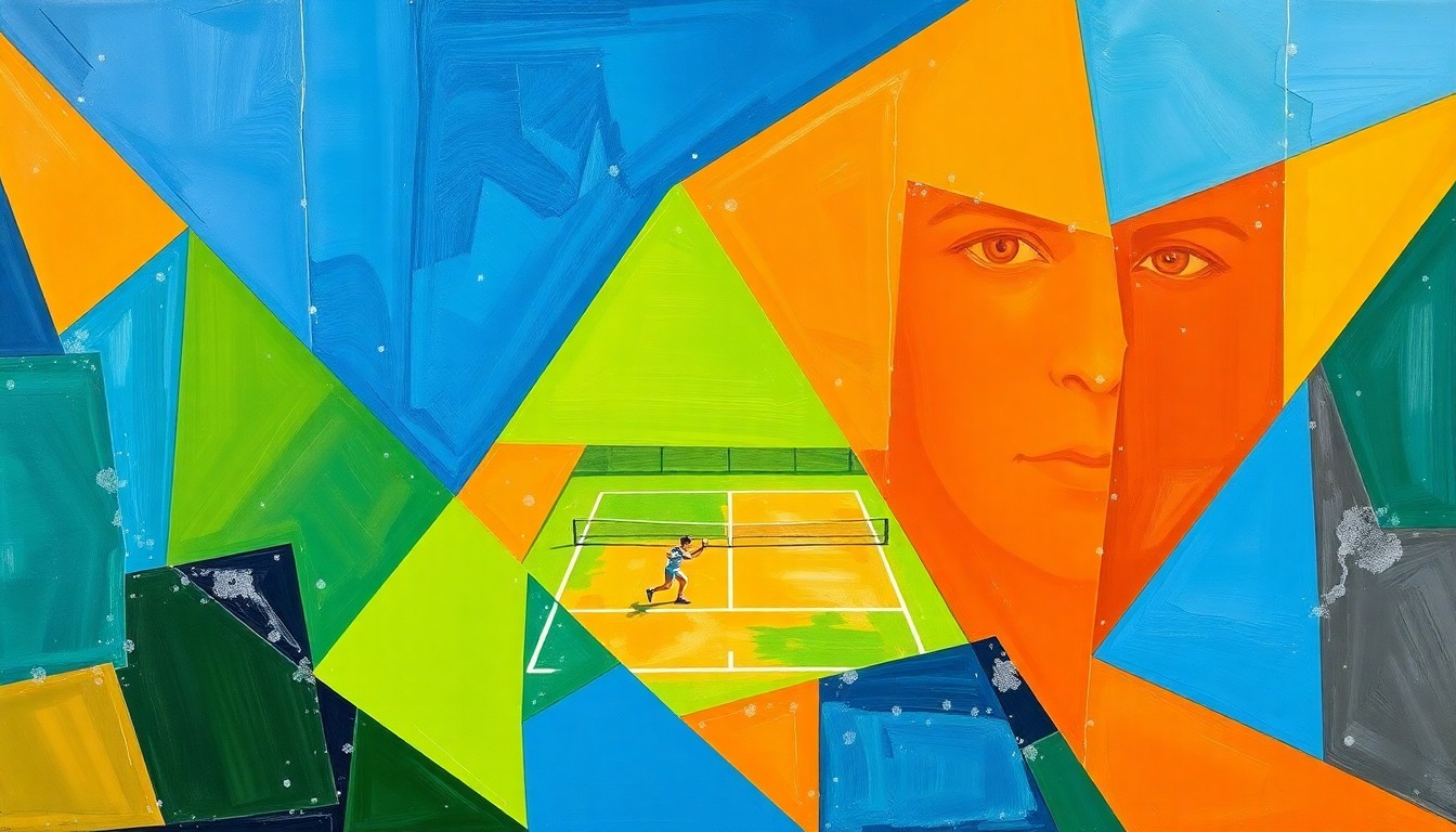 A cubist-style painting with sharp, angular shapes and planes of bright blue, green, and orange, capturing the dynamic movement and energy of a tennis match in a deconstructed, multi-perspective style.