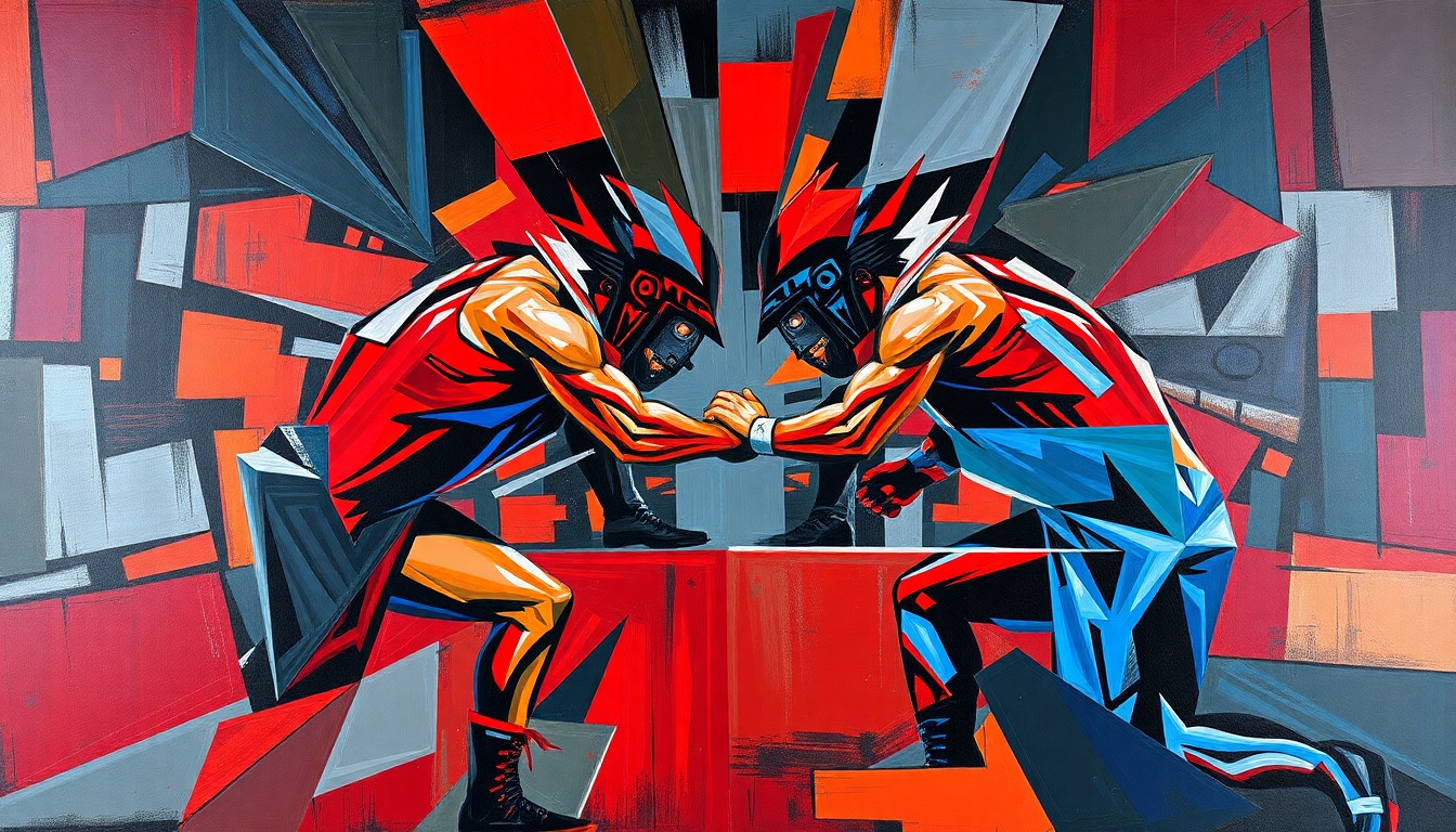 A cubist, geometric painting depicting a wrestling match or competition, with sharp, overlapping planes of color and form conveying the dynamic action and emotion of the sport.