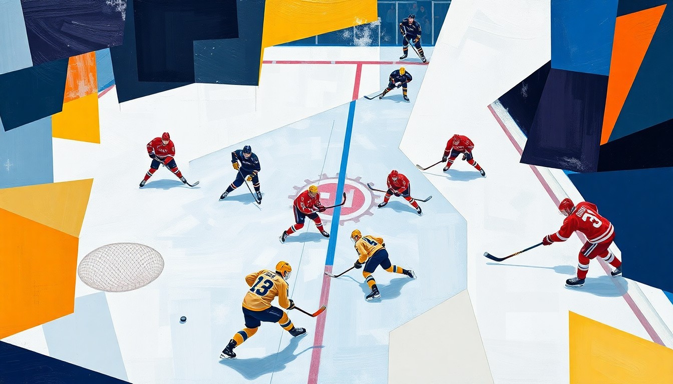 A cubist, geometric painting depicting a hockey game, with fragmented and overlapping shapes representing the players, puck, and ice. The vibrant colors of the opposing teams' uniforms create a dynamic and energetic visual.