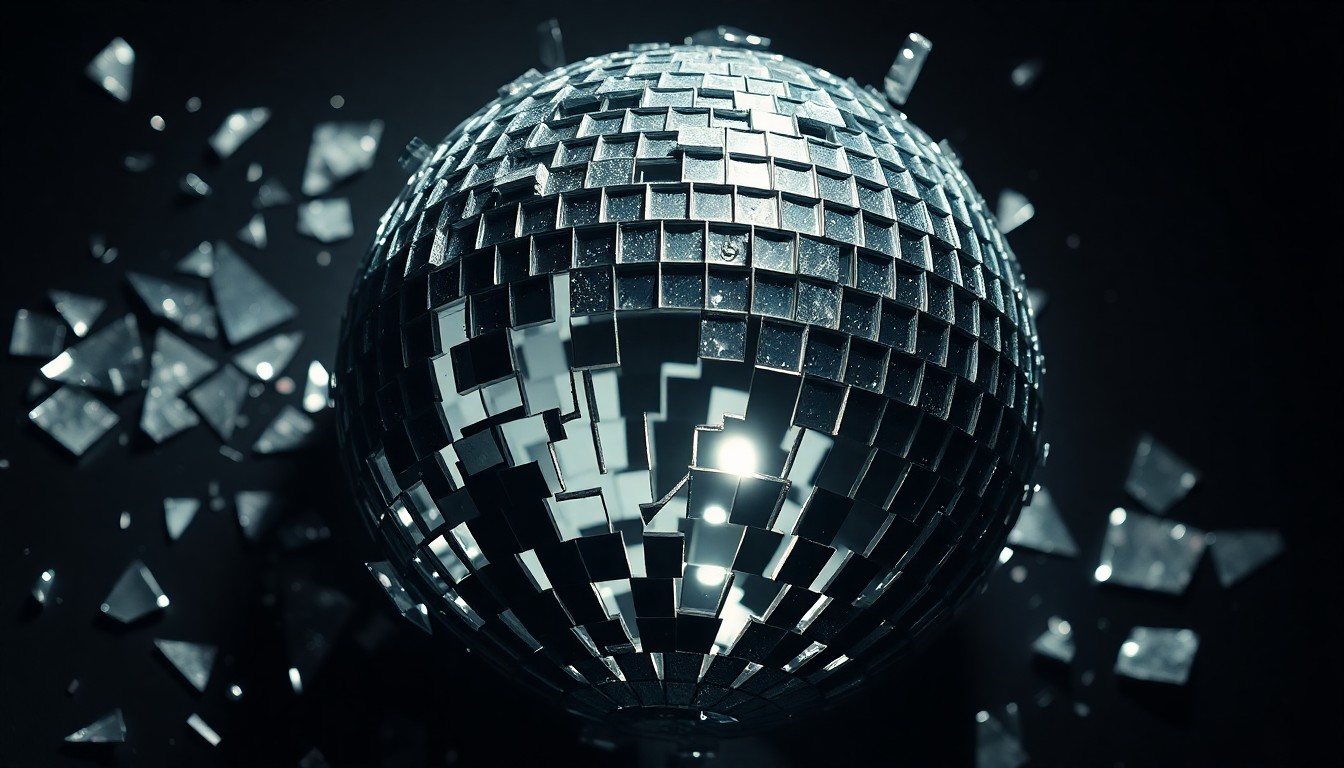 An extreme close-up of a shattered disco ball, its glittering shards reflecting a somber, moody light, conceptually representing the tragic loss of a musical icon.